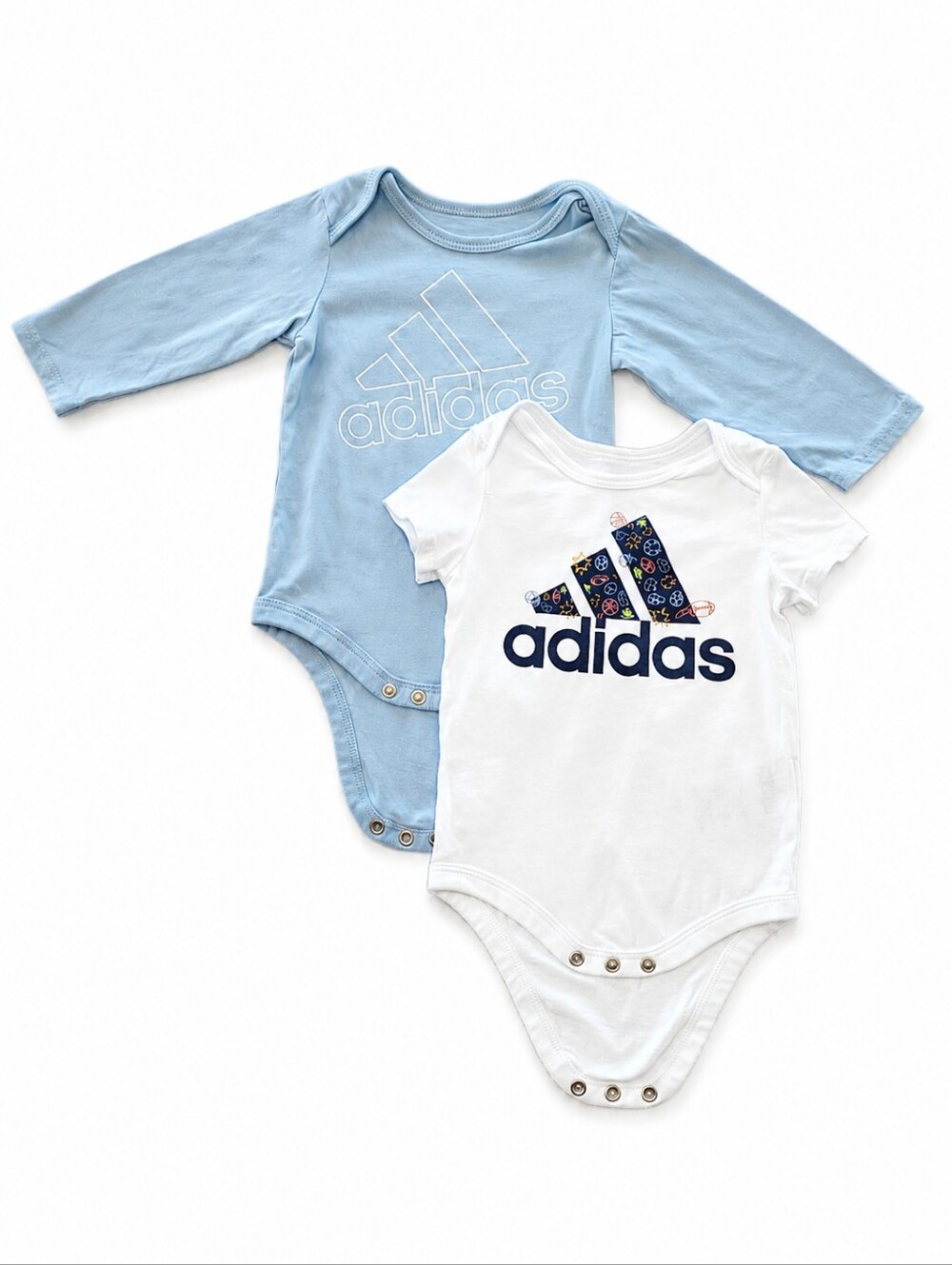 Adidas Baby Boy 6M Onesie Bundle Blue Long Sleeve & White Logo Bodysuit Set